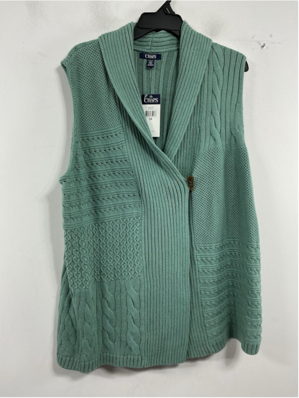 Womans NWT Chaps Cable Knit Sweater Vest 3X Sage Shawl Neck Line